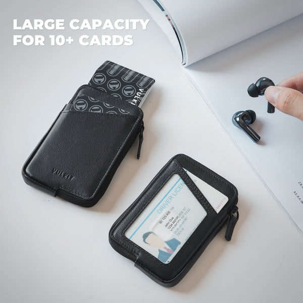 VW113P - Genuine Leather ,Slim RFID Blocking Card Holder Wallet, Holds 10+ Cards & Folded Cash