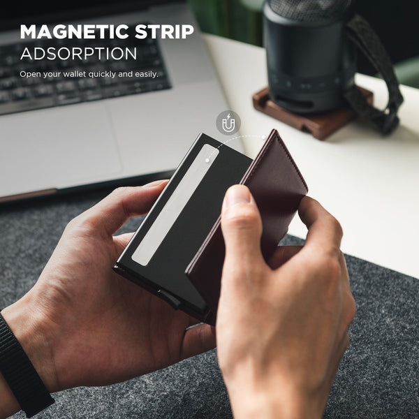 VC208P- Genuine Leather, Without Back Zipper Slot, Magnetic Strip Closure Tri-fold Wallet