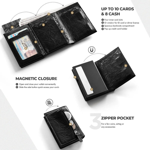 VC302P-Numbered Limited Edition, Genuine Leather,  RFID Blocking, Back Zipper Slot, Magnetic Strip Closure Tri-fold Wallet