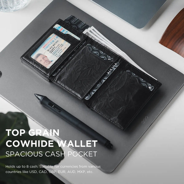 VC302P-Numbered Limited Edition, Genuine Leather,  RFID Blocking, Back Zipper Slot, Magnetic Strip Closure Tri-fold Wallet