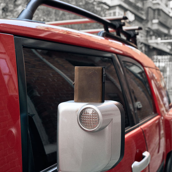 VC302P- Crazy Horse Genuine Leather, Side Slider Mechanism, Back Zipper Slot, Magnetic Strip Closure Tri-fold Wallet