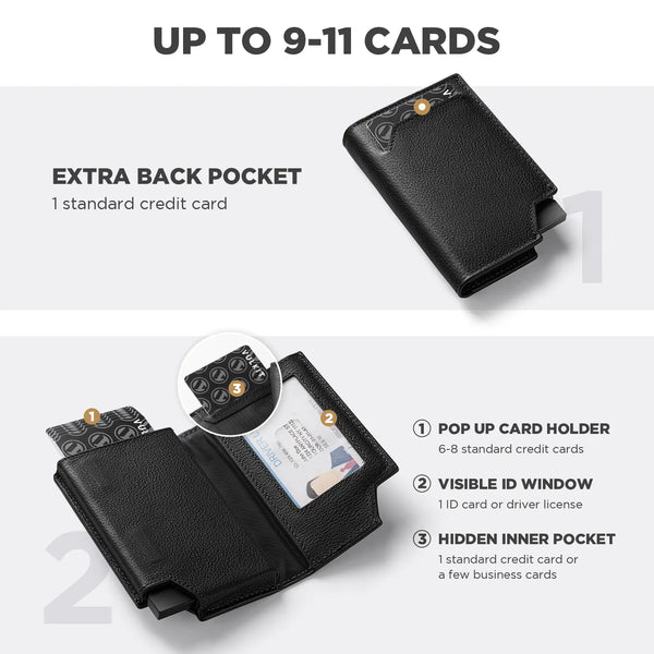 VC402P- New Patented Genuine Leather RFID Pop-Up Wallet