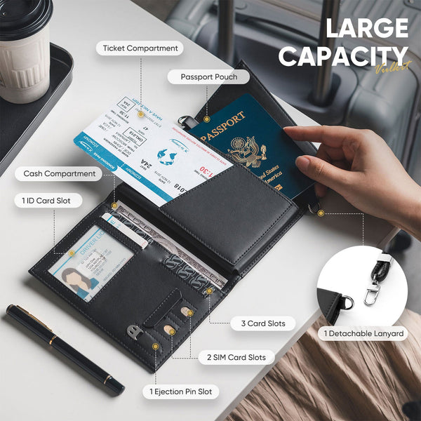 VPW105- RFID Blocking Leather Passport Holder Wallet with Lanyard