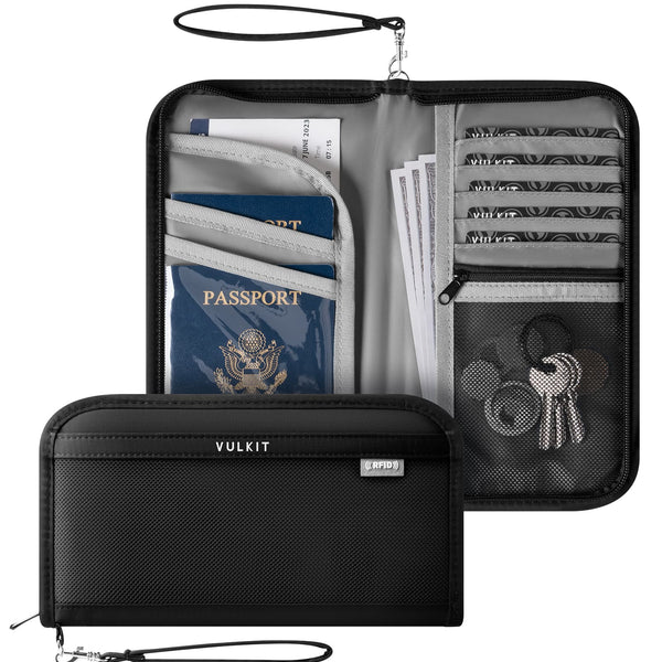 VPW106 - Family Passport Holder, RFID Blocking , Travel Card Organizer with Wrist Strap