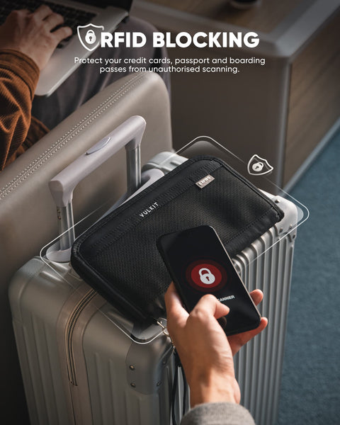 VPW106 - Family Passport Holder, RFID Blocking , Travel Card Organizer with Wrist Strap