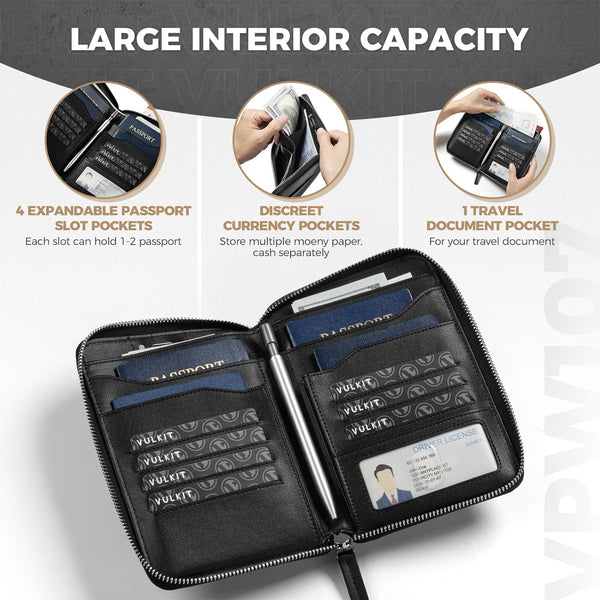 VPW107 - RFID Blocking Family Passport Holder for 4-8 Passports, Zipper Travel Wallet & Document Organizer