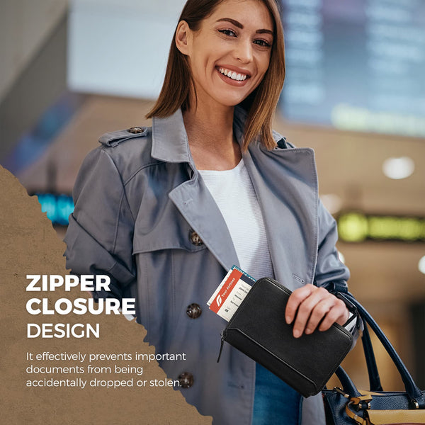 VPW107 - RFID Blocking Family Passport Holder for 4-8 Passports, Zipper Travel Wallet & Document Organizer