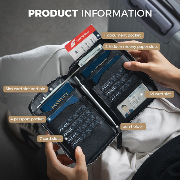 VPW107 - RFID Blocking Family Passport Holder for 4-8 Passports, Zipper Travel Wallet & Document Organizer