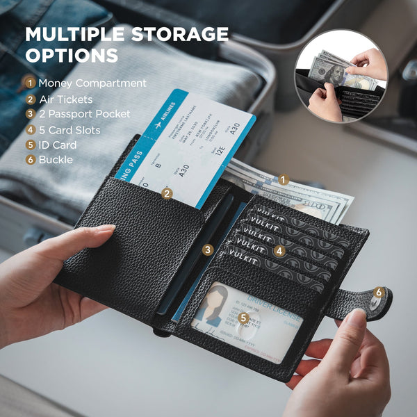 VPW110 - Leather Passport Holder for 2 Passports, RFID Blocking, ID Window, Cash Pocket, and Magnetic Closure