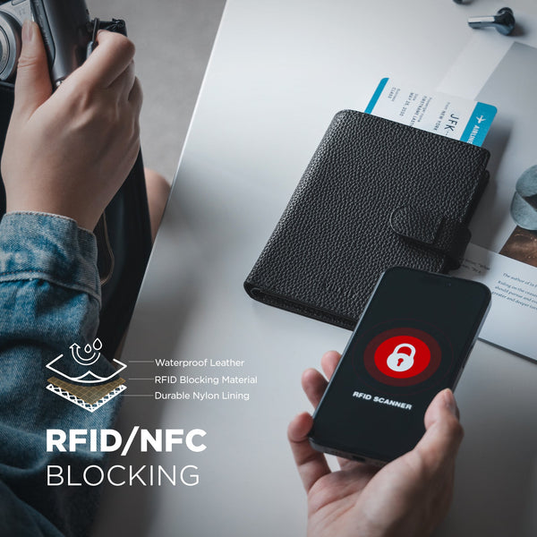 VPW110 - Leather Passport Holder for 2 Passports, RFID Blocking, ID Window, Cash Pocket, and Magnetic Closure