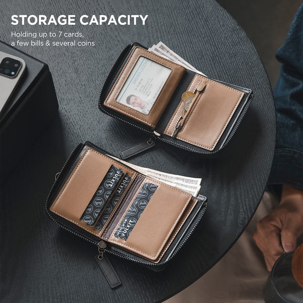 VW117 - RFID Blocking Leather Zippered Bifold Wallet with Coin Pocket