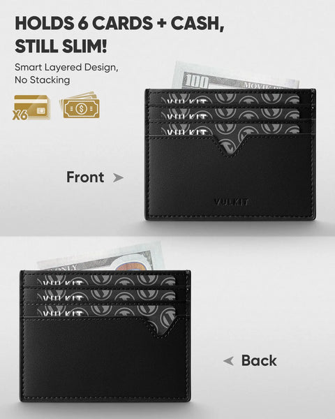 VW132 - Slim Leather Card Wallet, Holds 6+ Cards, Cash & Coins , RFID Protection