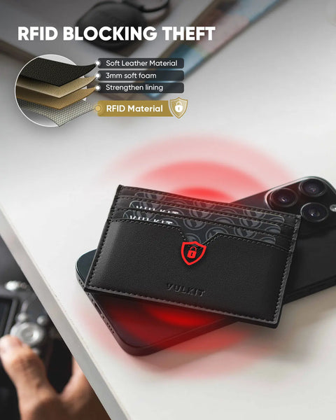 VW132 - Slim Leather Card Wallet, Holds 6+ Cards, Cash & Coins , RFID Protection