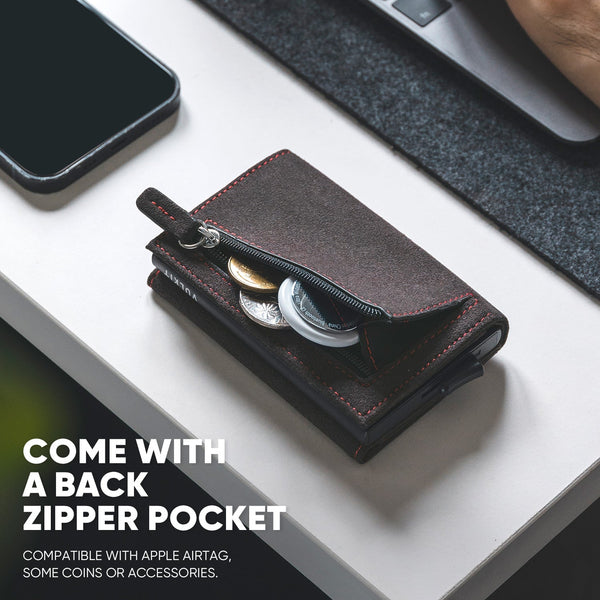 VC203A- Alcantara Leather, Back Zipper Slot, Magnetic Strip Closure Tri-fold Wallet