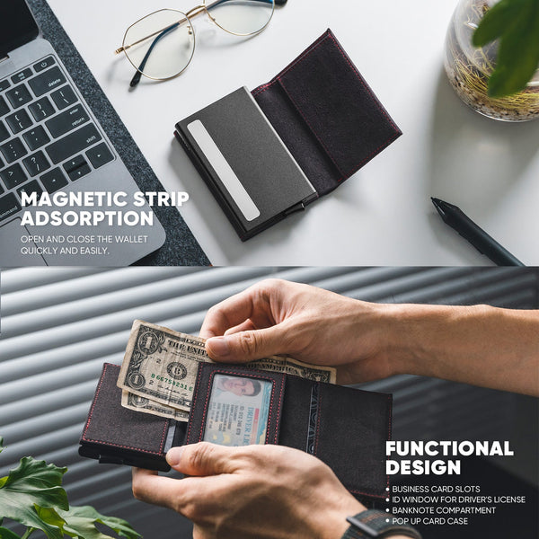 VC203A- Alcantara Leather, Back Zipper Slot, Magnetic Strip Closure Tri-fold Wallet