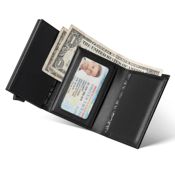 VC203P- Genuine Leather, Back Zipper Slot, Magnetic Strip Closure Tri-fold Wallet