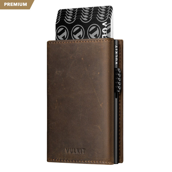 VC302P- Crazy Horse Genuine Leather, Side Slider Mechanism, Back Zipper Slot, Magnetic Strip Closure Tri-fold Wallet