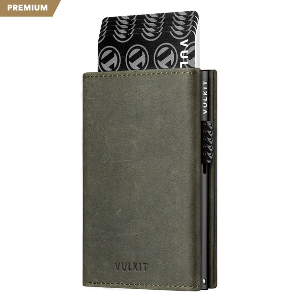 VC302P- Crazy Horse Genuine Leather, Side Slider Mechanism, Back Zipper Slot, Magnetic Strip Closure Tri-fold Wallet