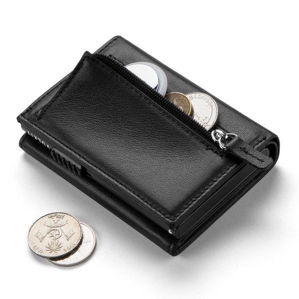 VC302P- Genuine Leather, Side Slider Mechanism, Back Zipper Slot, Magnetic Strip Closure Tri-fold Wallet