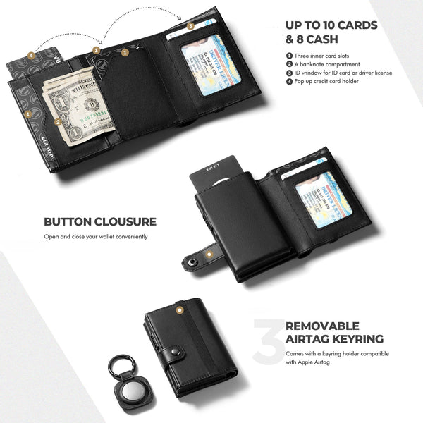 VC311P- Genuine Leather, Banknote Compartment & ID Window Pop-Up Wallet with Removable AirTag Holder (NOT include the AirTag)