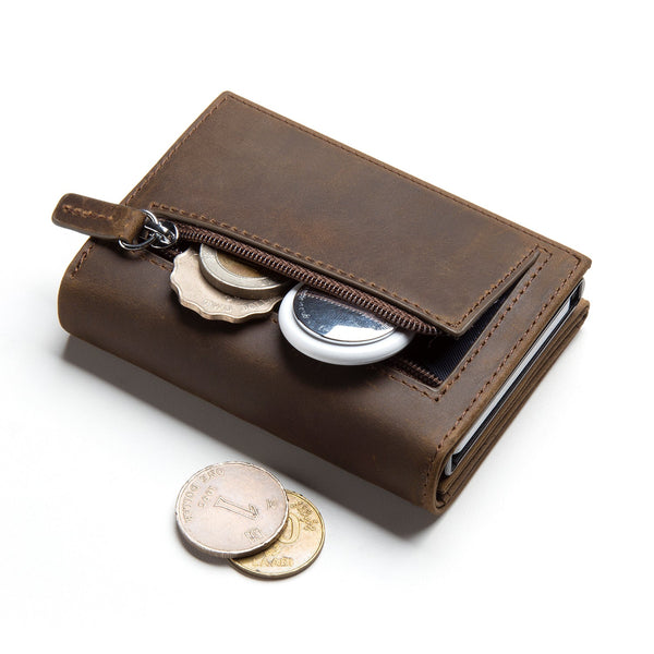 VC302P- Crazy Horse Genuine Leather, Side Slider Mechanism, Back Zipper Slot, Magnetic Strip Closure Tri-fold Wallet