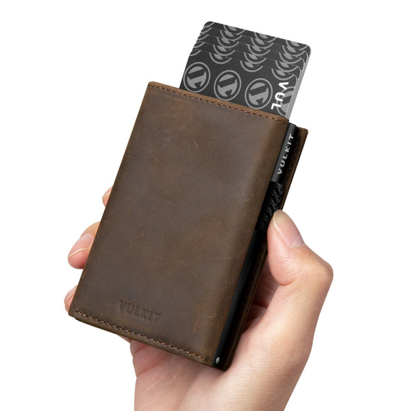 VC302P- Crazy Horse Genuine Leather, Side Slider Mechanism, Back Zipper Slot, Magnetic Strip Closure Tri-fold Wallet