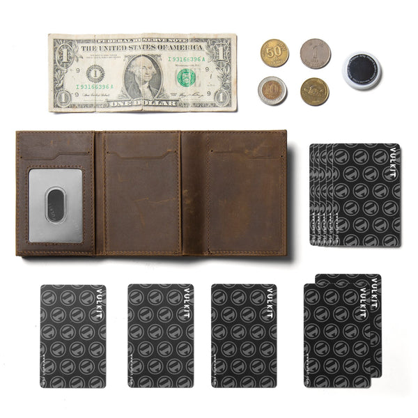 VC302P- Crazy Horse Genuine Leather, Side Slider Mechanism, Back Zipper Slot, Magnetic Strip Closure Tri-fold Wallet