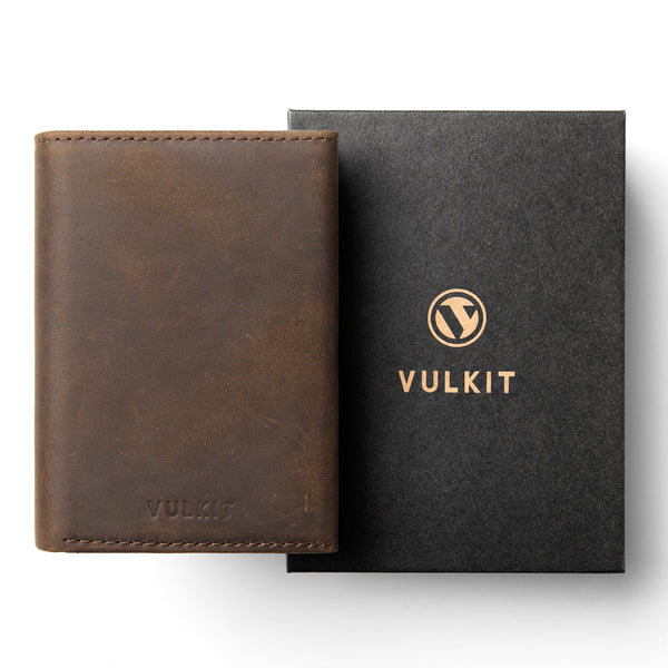 VC302P- Crazy Horse Genuine Leather, Side Slider Mechanism, Back Zipper Slot, Magnetic Strip Closure Tri-fold Wallet