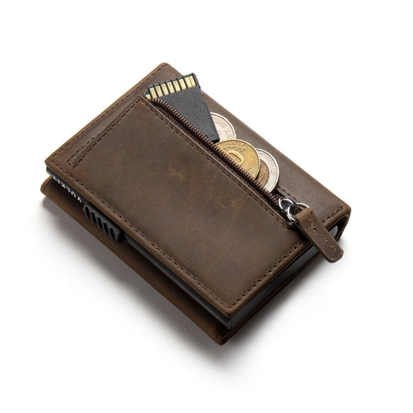 VC302P- Crazy Horse Genuine Leather, Side Slider Mechanism, Back Zipper Slot, Magnetic Strip Closure Tri-fold Wallet