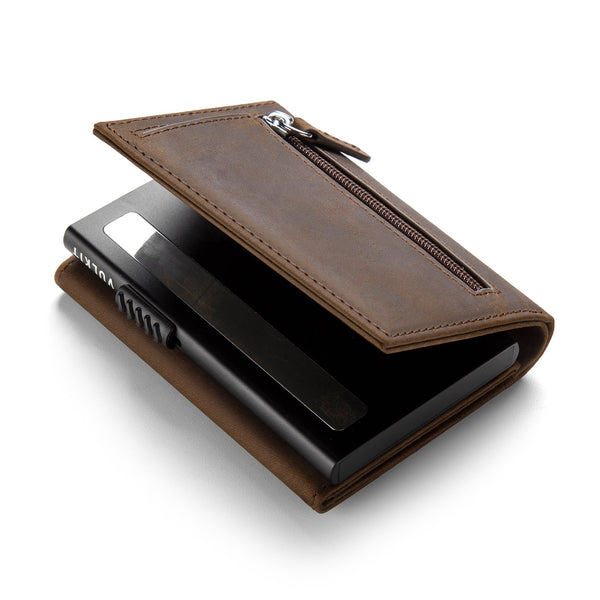 VC302P- Crazy Horse Genuine Leather, Side Slider Mechanism, Back Zipper Slot, Magnetic Strip Closure Tri-fold Wallet