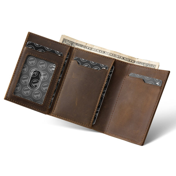 VC302P- Crazy Horse Genuine Leather, Side Slider Mechanism, Back Zipper Slot, Magnetic Strip Closure Tri-fold Wallet
