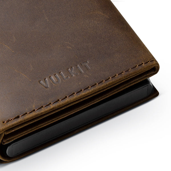 VC302P- Crazy Horse Genuine Leather, Side Slider Mechanism, Back Zipper Slot, Magnetic Strip Closure Tri-fold Wallet