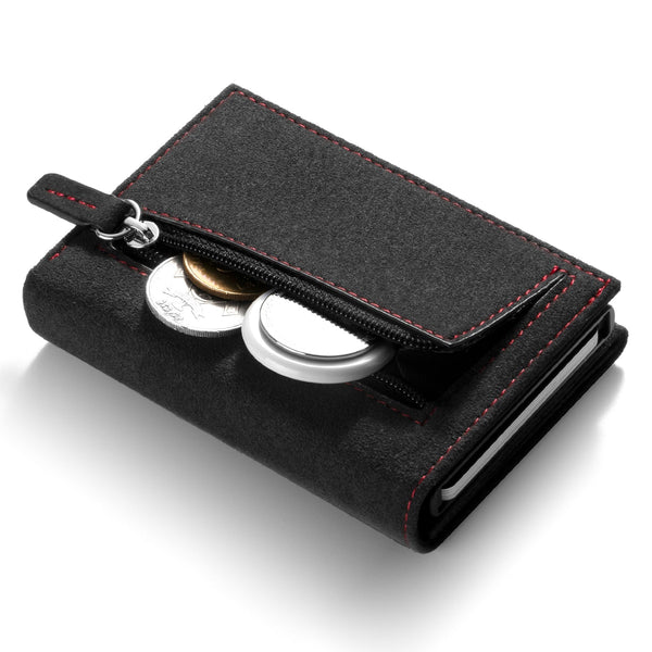 VC302A- Alcantara Leather, Spacious Banknote Pocket, Back Zipper Slot, Magnetic Strip Closure Tri-fold Wallet