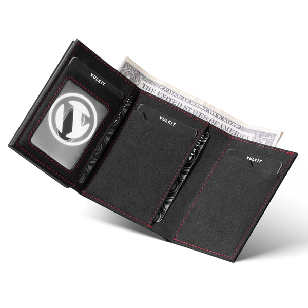 VC302A- Alcantara Leather, Spacious Banknote Pocket, Back Zipper Slot, Magnetic Strip Closure Tri-fold Wallet