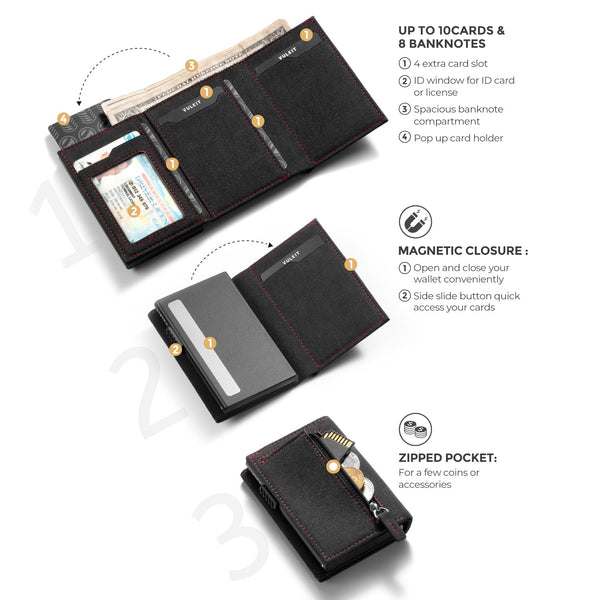 VC302A- Alcantara Leather, Spacious Banknote Pocket, Back Zipper Slot, Magnetic Strip Closure Tri-fold Wallet